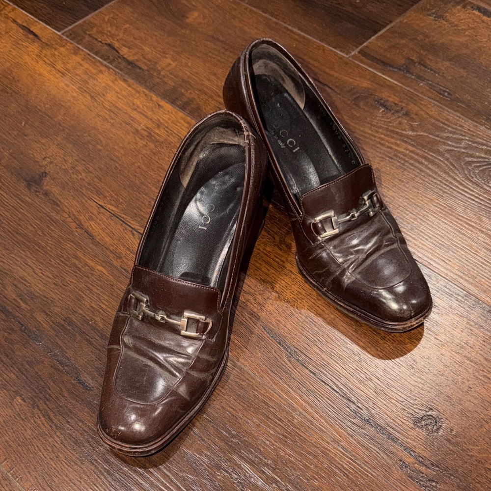 Vintage Gucci Horsebit Chunky Heel Pumps Dark Brown Leather Loafers Women’s 37.5